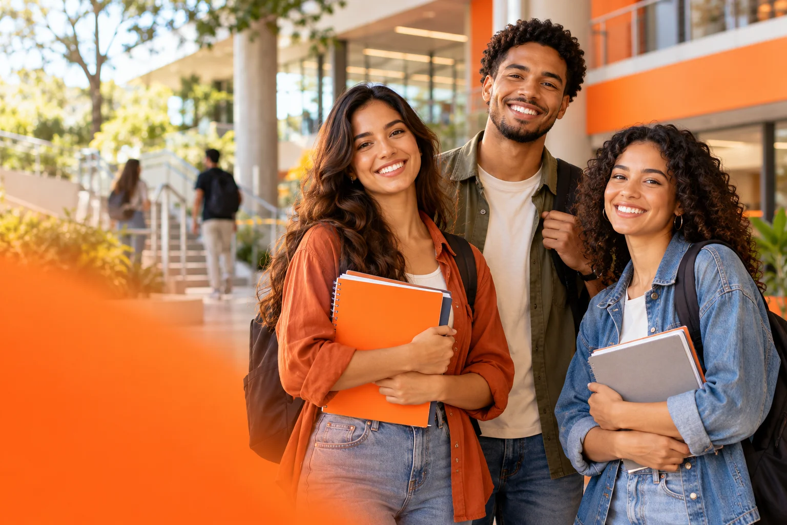 Imagem ilustrativa de universitários com cadernos em um ambiente de campus