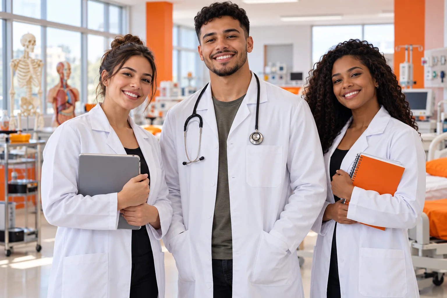 Imagem ilustrativa de estudantes de Enfermagem de jaleco em laboratório de ensino